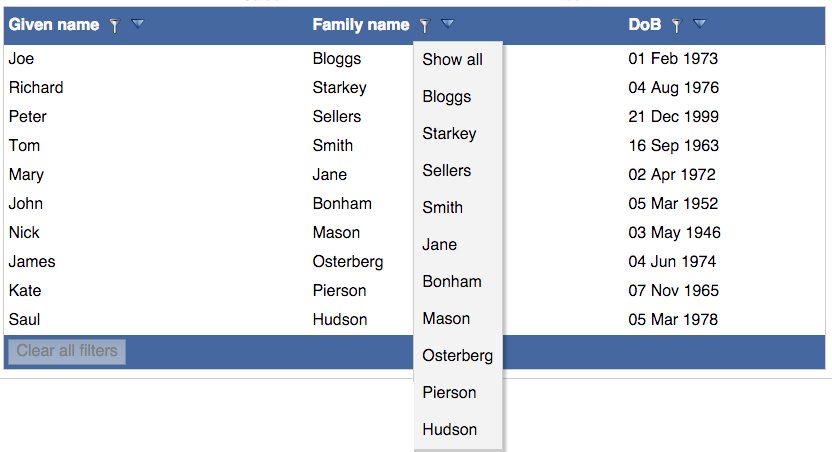 Example table with filterable columns open menu